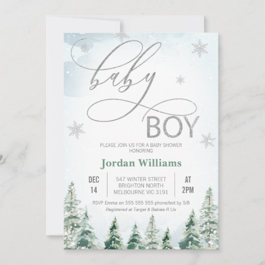 Winter Pine Trees Baby Boy Baby shower Kaart (Voorkant)