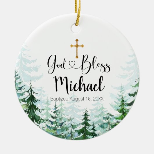 Winter Pine Trees Baptisme Ornament God Bless (Voorkant)