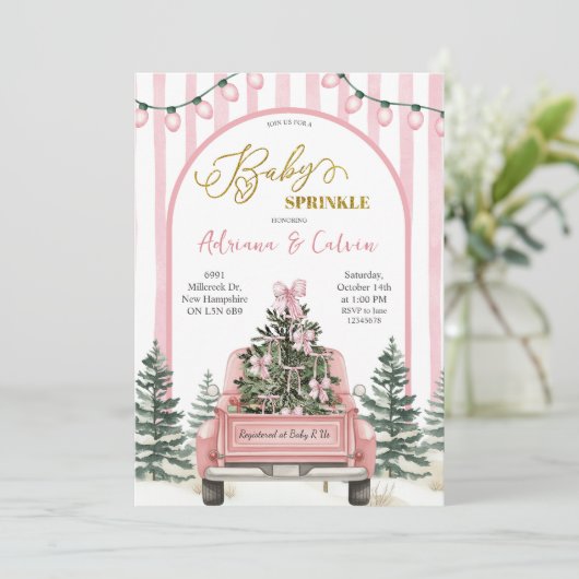 Winter Pine Trees Coquette Bow Pink Baby Sprinkle Kaart (Staand voorkant)