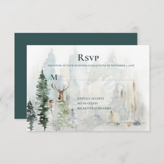 Winter Pine Trees Deer Antlers Snow RSVP (Voorkant / Achterkant)