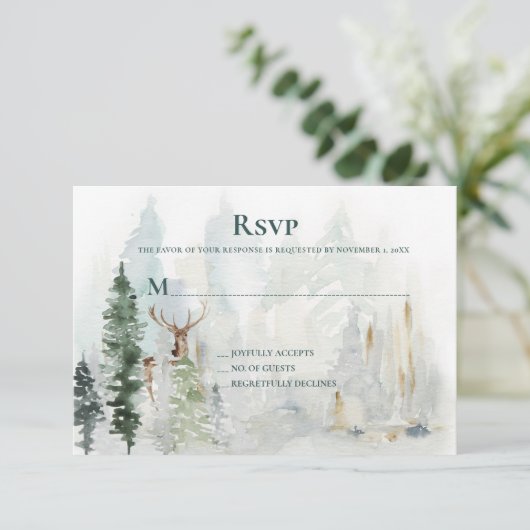 Winter Pine Trees Deer Antlers Snow RSVP Kaartje (Staand voorkant)