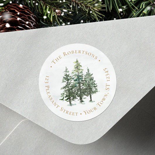 Winter Pine Trees Kerstronde Retouradres Ronde Sticker