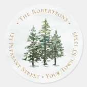 Winter Pine Trees Kerstronde Retouradres Ronde Sticker (Voorkant)