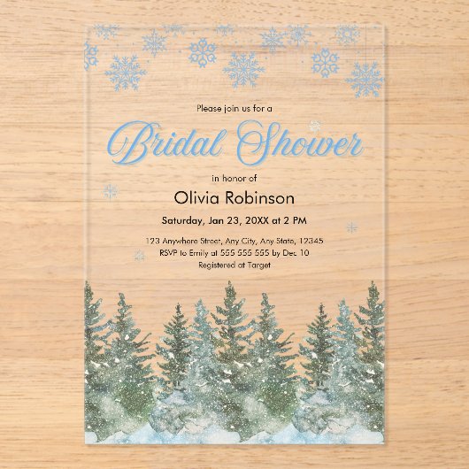 Winter Pine Trees Snowflakes Bridal Shower Acryl Uitnodigingen (Voorkant)