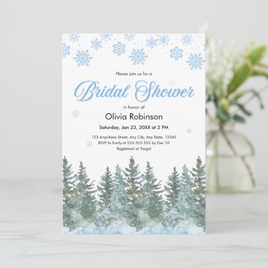 Winter Pine Trees Snowflakes Bridal Shower Kaart (Staand voorkant)