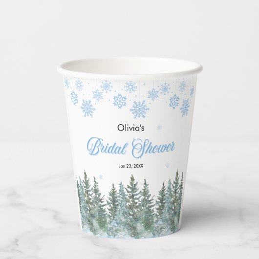 Winter Pine Trees Snowflakes Bridal Shower Papieren Bekers (Achterkant)