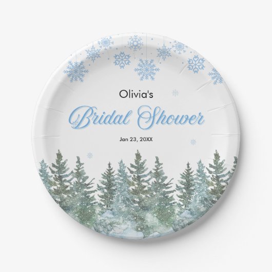 Winter Pine Trees Snowflakes Bridal Shower Papieren Bordje (Voorkant)