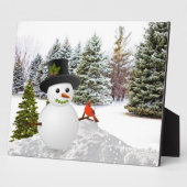 Winter Pine Trees Snowman en Kardinaal Bird Fotoplaat (Zijkant)