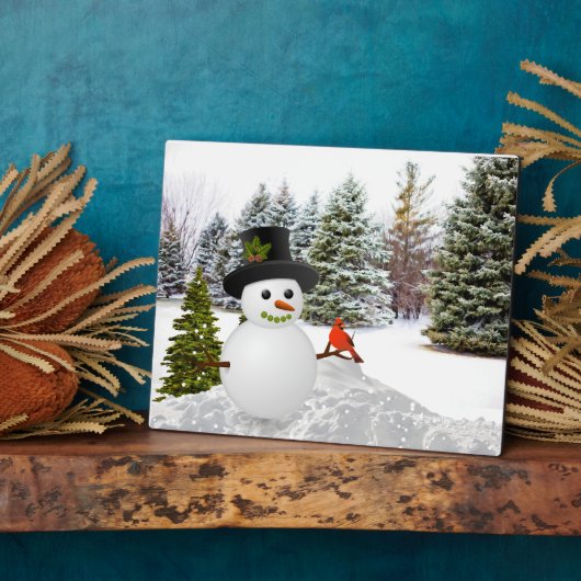 Winter Pine Trees Snowman en Kardinaal Bird Fotoplaat (Zijkant)