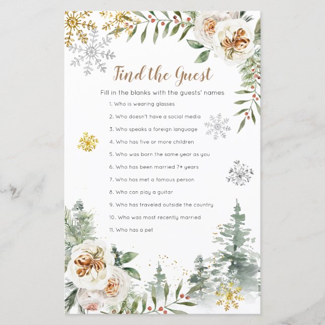 Winter Pine Trees white floral Find the Guest game (Voorkant)