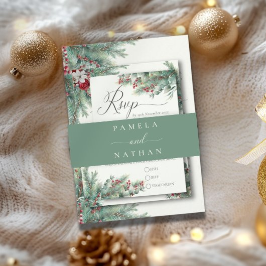 Winter Pine Waterverf Greenery Wedding Invitation Uitnodigingen Wikkel