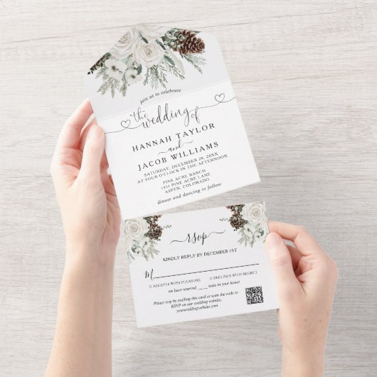 Winter Pine Wedding met QR Code RSVP All In One Uitnodiging (Afscheurbaar)
