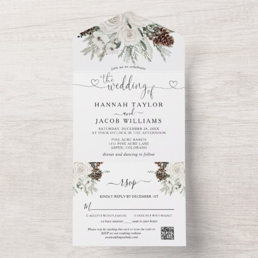 Winter Pine Wedding met QR Code RSVP All In One Uitnodiging (Binnen)