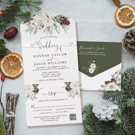 Winter Pine Wedding met QR Code RSVP All In One Uitnodiging