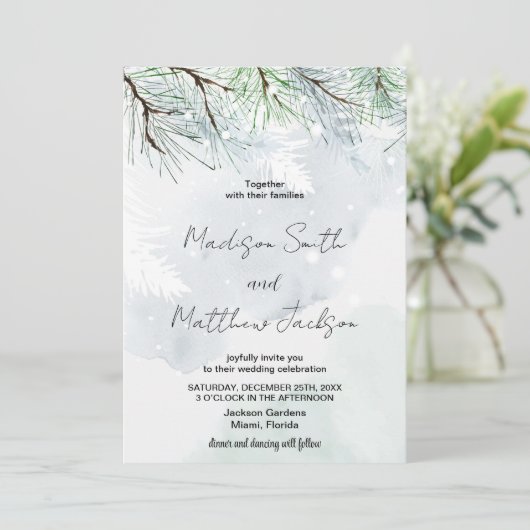 Winter Pine Wit Sneeuw Bruiloft Uitnodigingen (Staand voorkant)