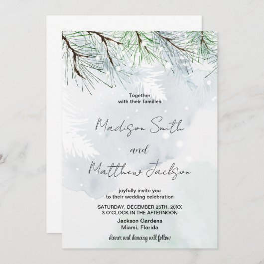 Winter Pine Wit Sneeuw Bruiloft Uitnodigingen (Voorkant / Achterkant)