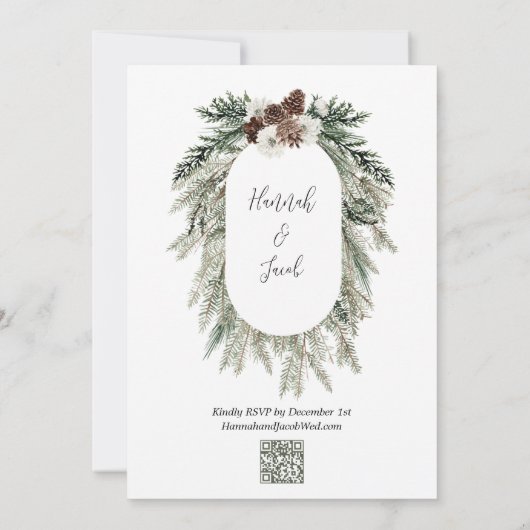Winter Pine Witte Bloemen Bruiloft met QR Code RSV Kaart (Achterkant)