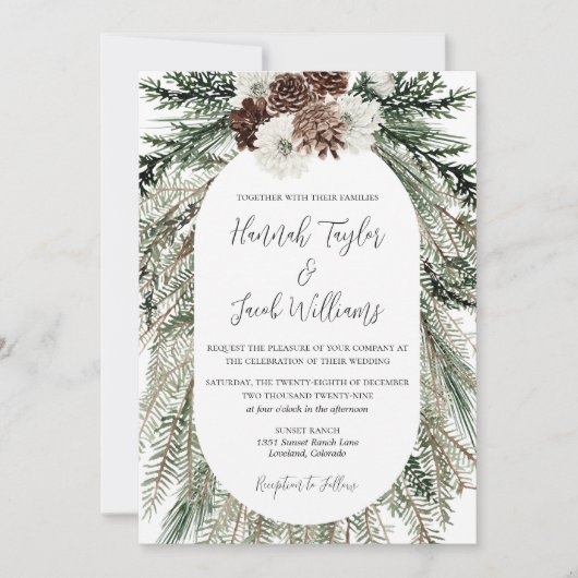 Winter Pine Witte Bloemen Bruiloft met RSVP Kaart (Voorkant)