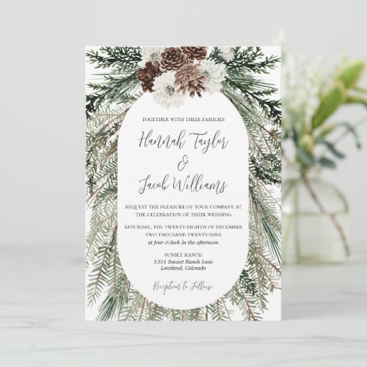Winter Pine Witte Bloemen Bruiloft met RSVP Kaart (Staand voorkant)