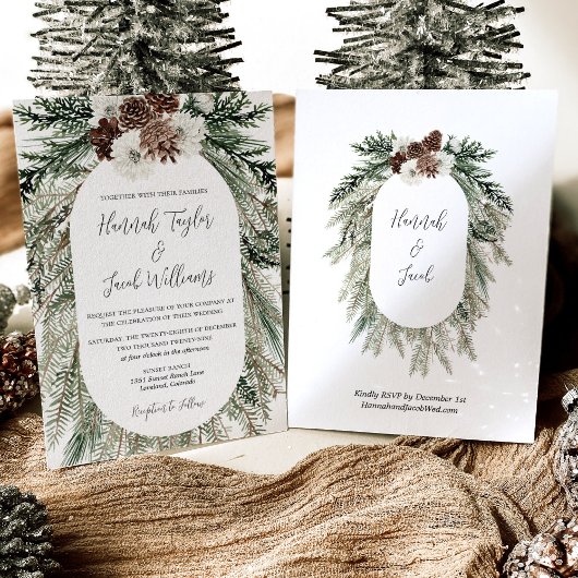 Winter Pine Witte Bloemen Bruiloft met RSVP Kaart