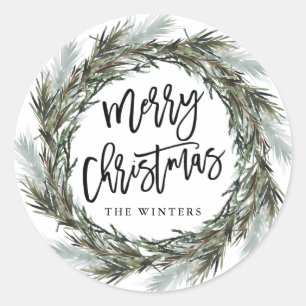 Winter Pine Wreath Merry Kerstmis Klassic Round S Ronde Sticker