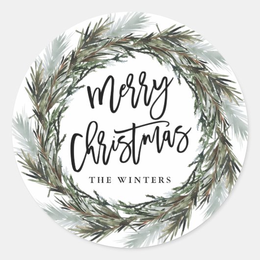 Winter Pine Wreath Merry Kerstmis Klassic Round S Ronde Sticker (Voorkant)