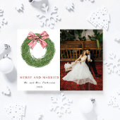 Winter Pine Wreath Merry & Married Photo Christmas Feestdagenkaart