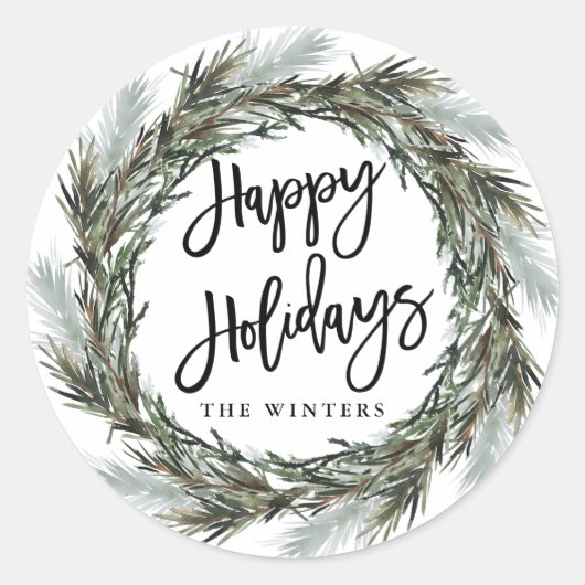 Winter Pine Wreath Prettige feestdagen Ronde Sticker (Voorkant)
