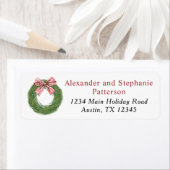 Winter Pine Wreath Stripes Red Bow Christmas Etiket (Insitu)
