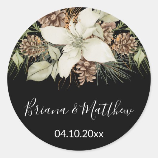 Winter Pine zwart en wit bruiloft envelop afdichti Ronde Sticker (Voorkant)