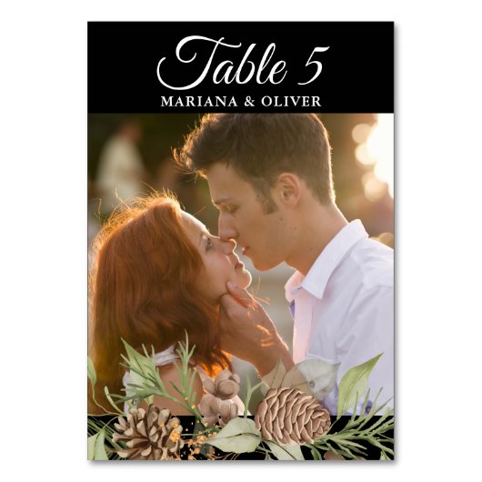 Winter Pine Zwart en Wit Trouwtafel Nummer Kaart (Voorkant)