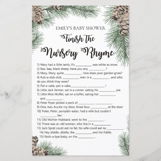 Winter Pinecone Baby shower Game met Antwoord (Voorkant)