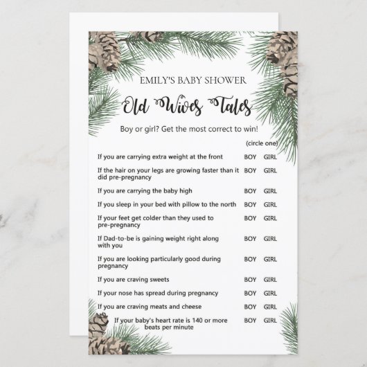 Winter Pinecone Baby shower Game met Antwoord (Voorkant / Achterkant)