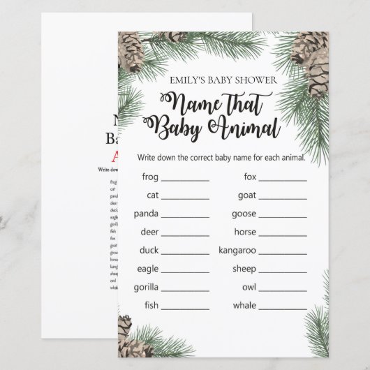 Winter Pinecone Baby shower Game met Antwoord (Voorkant / Achterkant)