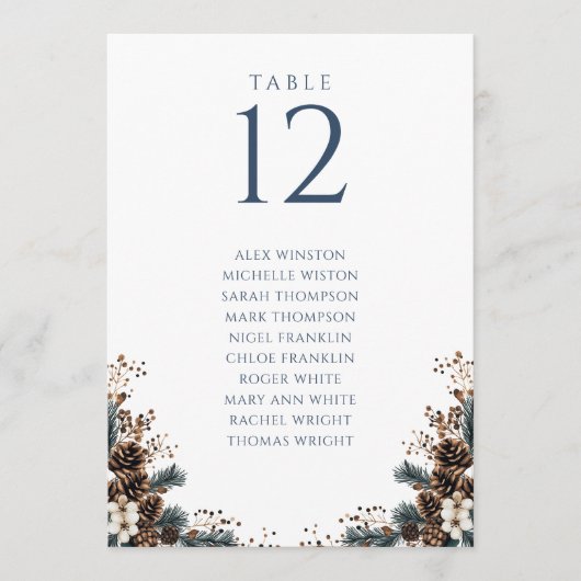 Winter Pinecone Bloemen Tafel Nummer Zitting Grafi Kaart (Voorkant)