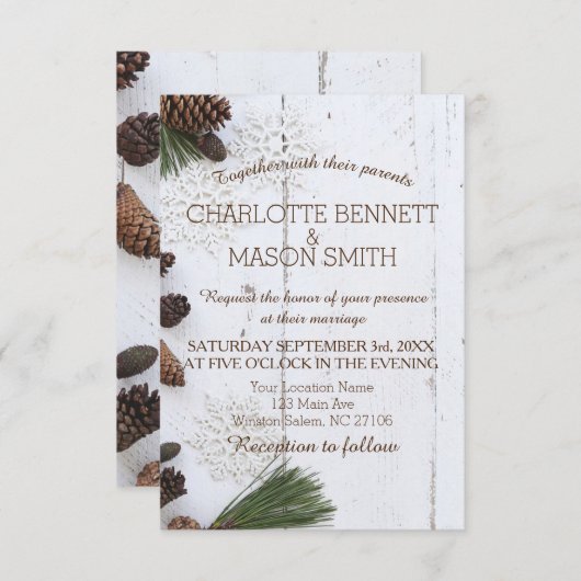 Winter Pinecone en Snowflakes Weddenskaart Kaart (Voorkant / Achterkant)