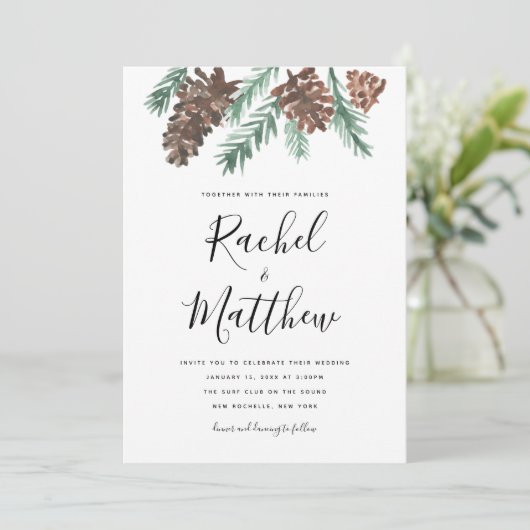 Winter Pinecone Waterverf bruiloft uitnodiging (Staand voorkant)