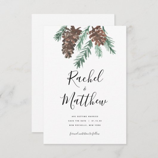 Winter Pinecone Waterverf niet-foto sparen de datu Save The Date (Voorkant / Achterkant)