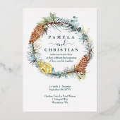 Winter Pinecone Wreath, Eucalyptus Wedding Folie Uitnodiging (Voorkant)