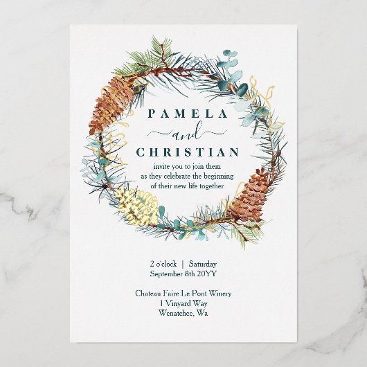 Winter Pinecone Wreath, Eucalyptus Wedding Folie Uitnodiging (Voorkant)