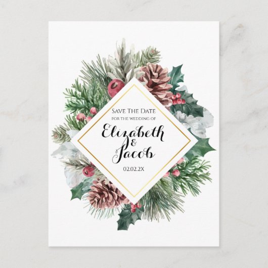 Winter Pinecones and Holly Save the Date Briefkaart (Voorkant)