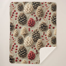 Winter Pinecones and Red Berries Sherpa Deken