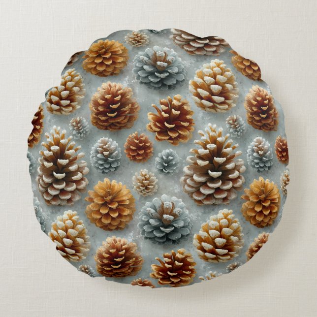Winter Pinecones Harmony Rond Kussen (Voorkant)