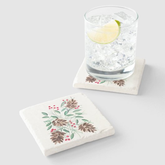 Winter Pinecones Waterverf Stone Onderzetter (Zijkant)