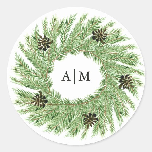 Winter Pines bruiloft | Monogram Ronde Sticker (Voorkant)