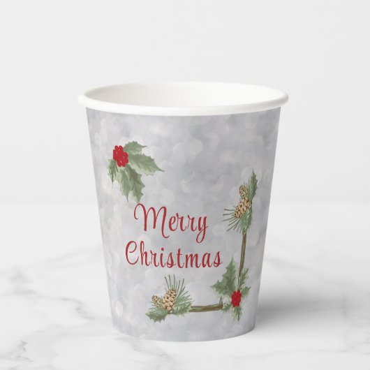 Winter Pines en Holly Paper cup Papieren Bekers (Voorkant)