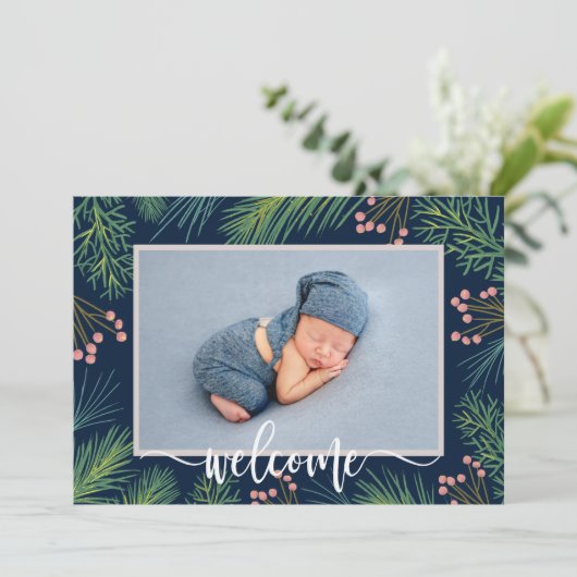 Winter Pines Foto geboorteaankondigingen Feestdagenkaart (Staand voorkant)