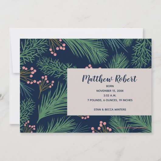Winter Pines Foto geboorteaankondigingen Feestdagenkaart (Achterkant)