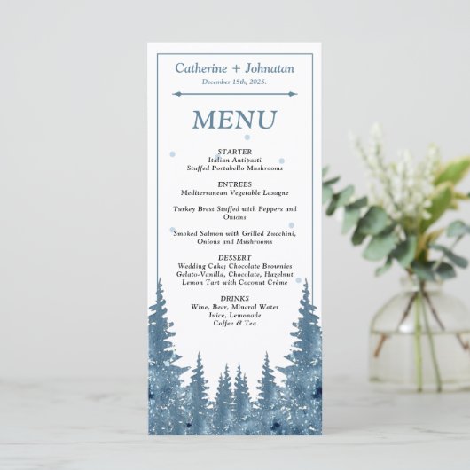 Winter Pines Kerstmis Bruiloft Menukaart (Staand voorkant)