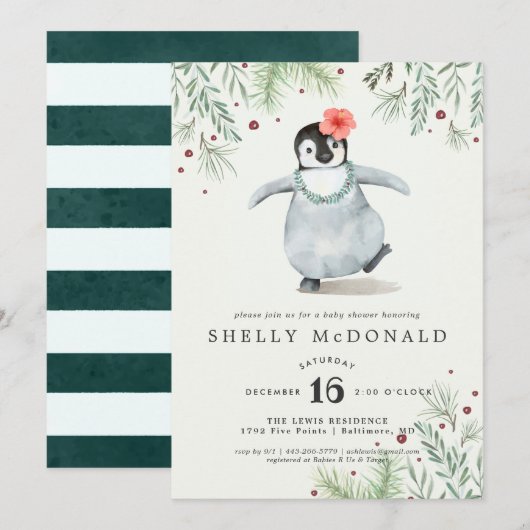Winter Pinguin Baby shower Uitnodiging (Voorkant / Achterkant)